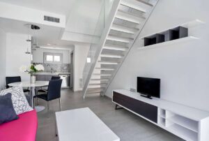 living room, stairs to the roof